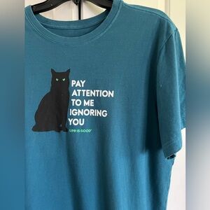 LIFE IS GOOD 🐈‍⬛ Teal, Short Sleeve, T-Shirt , Rounded Neck, Black Cat Design